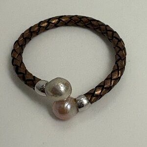 Sterling Silver 925 Baroque Pearl Bracelet Adjustable Metallic Bronze Leather